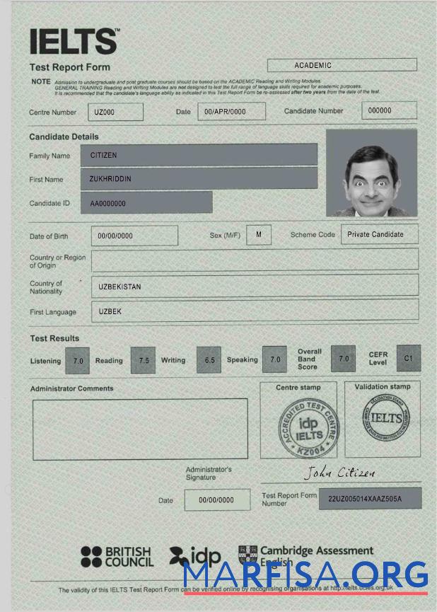 Blank IELTS test report form certificate example